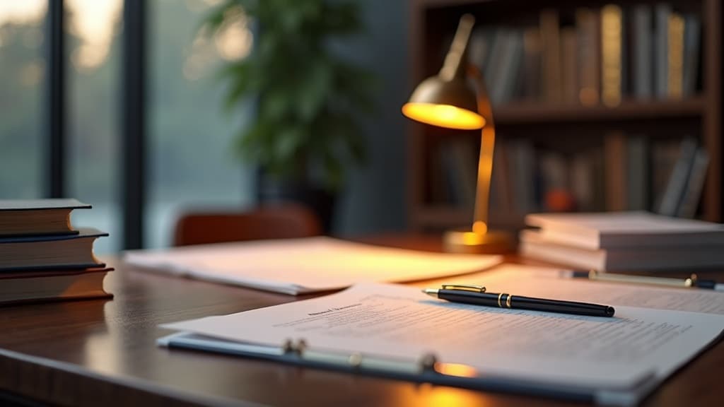 Modern law office desk with neatly stacked legal documents and a warm brass lamp